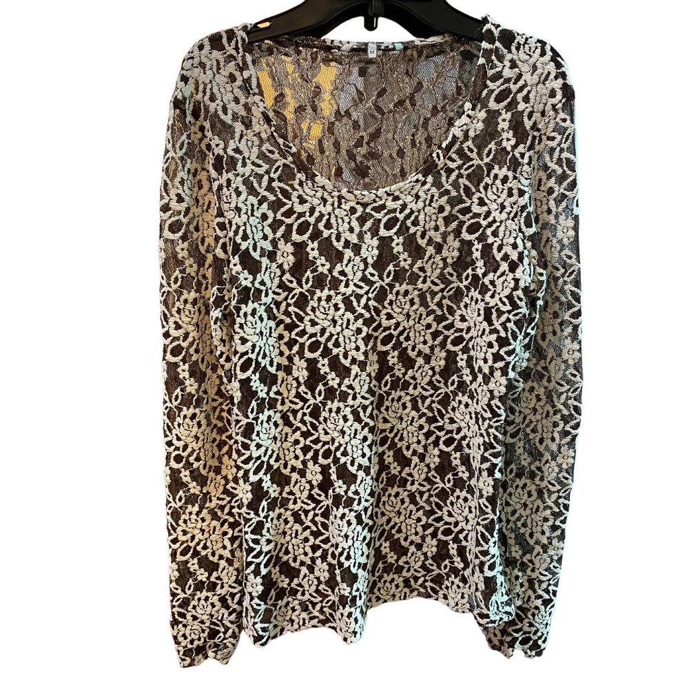 BKE BUCKLE WOMEN'S SHEER LACE BROWN & WHITE FLORAL LONG SLEEVE TOP SIZE MEDIUM